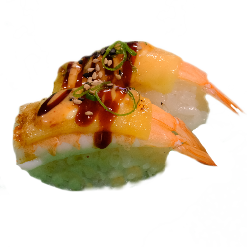 Flaming cheese ebi nigiri
